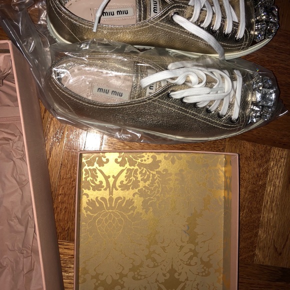 Miu Miu Gold Leather Sneakers with Crystal - Picture 6 of 6